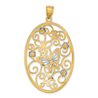 14k Two-tone Gold Two-tone Gold w/Rhodium Butterfly and Flowers in Oval Frame Charm