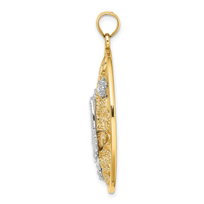 14k Two-tone Gold Two-tone Gold w/Rhodium Butterfly and Flowers in Oval Frame Charm