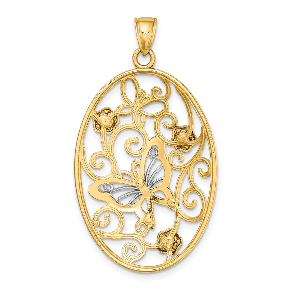 14k Two-tone Gold Two-tone Gold w/Rhodium Butterfly and Flowers in Oval Frame Charm