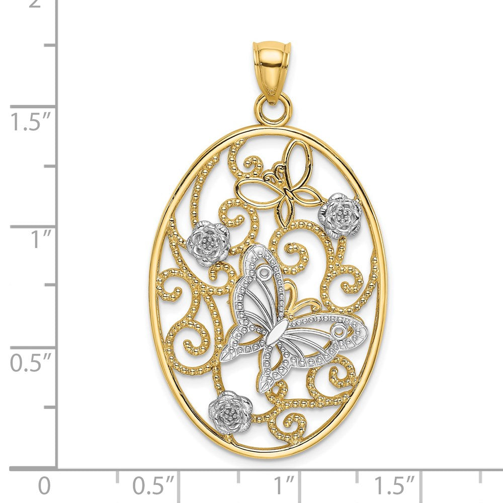 14k Two-tone Gold Two-tone Gold w/Rhodium Butterfly and Flowers in Oval Frame Charm