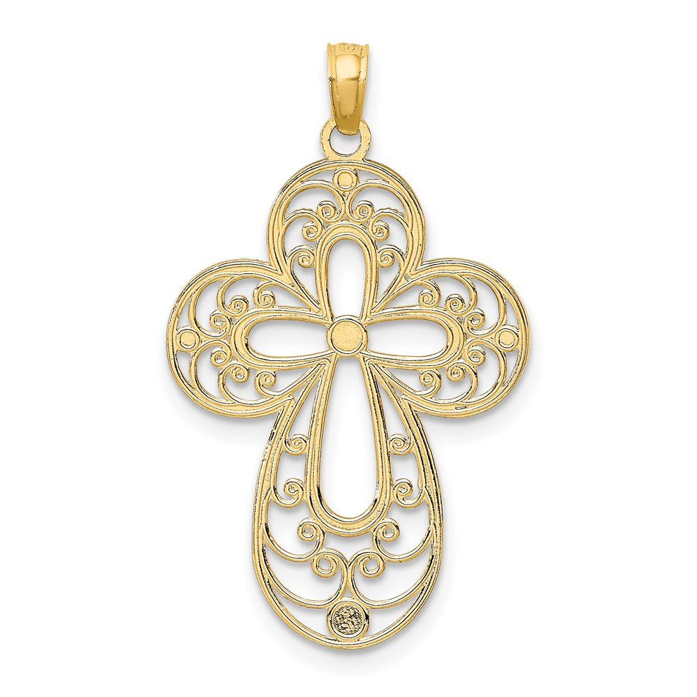 14k Yellow & Rhodium Gold W/ Rhodium D/C Filigree Cross Charm