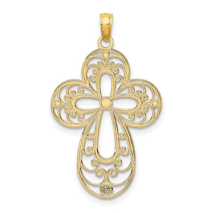 14k Yellow & Rhodium Gold W/ Rhodium D/C Filigree Cross Charm