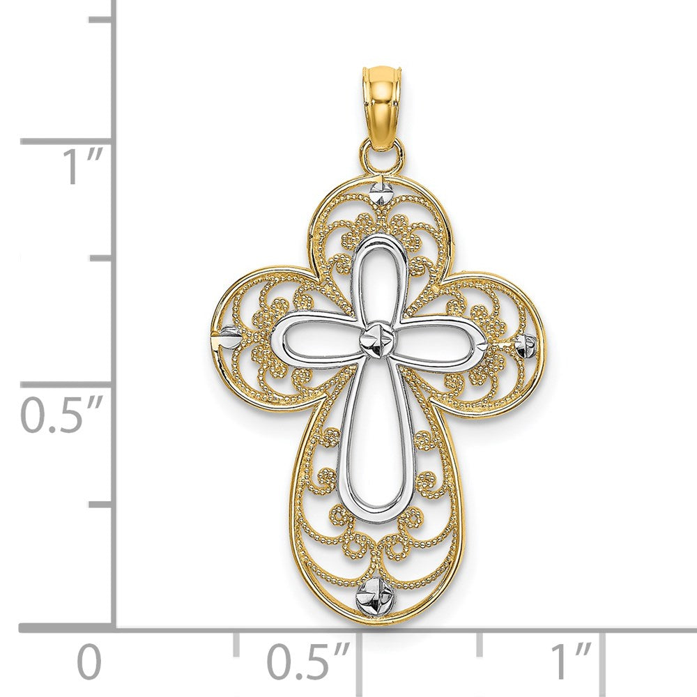 14k Yellow & Rhodium Gold W/ Rhodium D/C Filigree Cross Charm