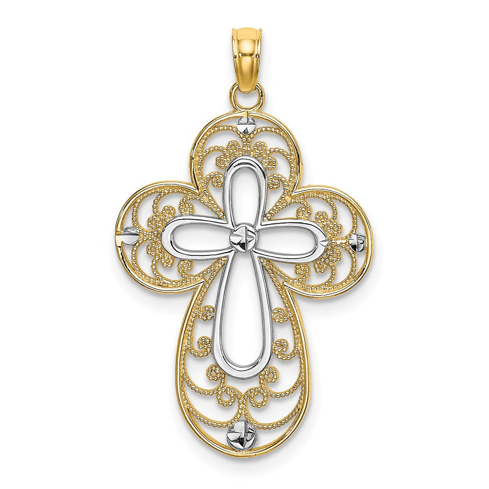 14k Yellow & Rhodium Gold W/ Rhodium D/C Filigree Cross Charm