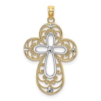 14k Yellow & Rhodium Gold W/ Rhodium D/C Filigree Cross Charm
