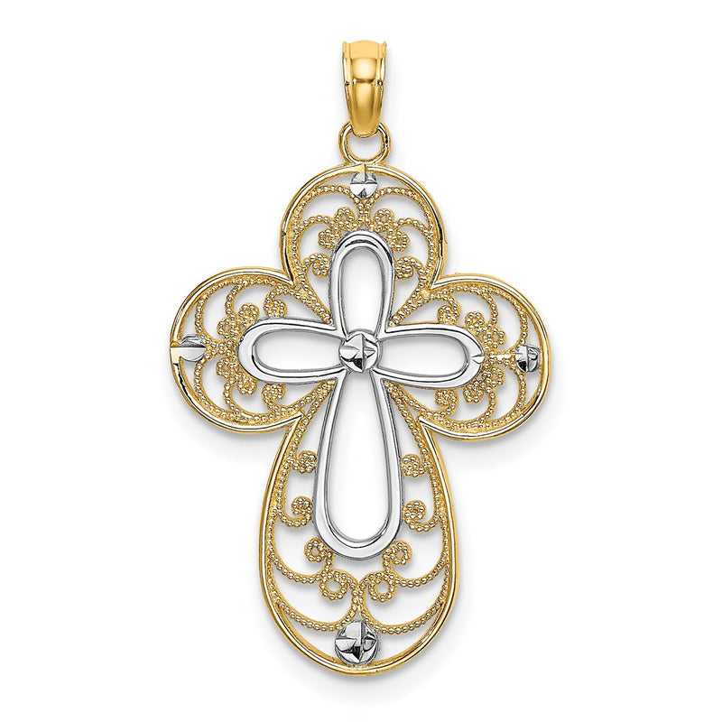 14k Yellow & Rhodium Gold W/ Rhodium D/C Filigree Cross Charm