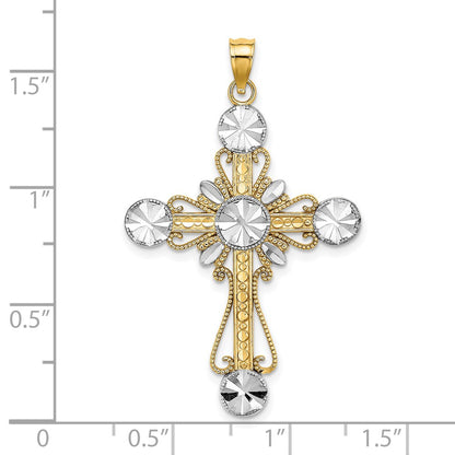 14k Yellow & Rhodium Gold W/ Rhodium D/C Circles Cross Charm Cross