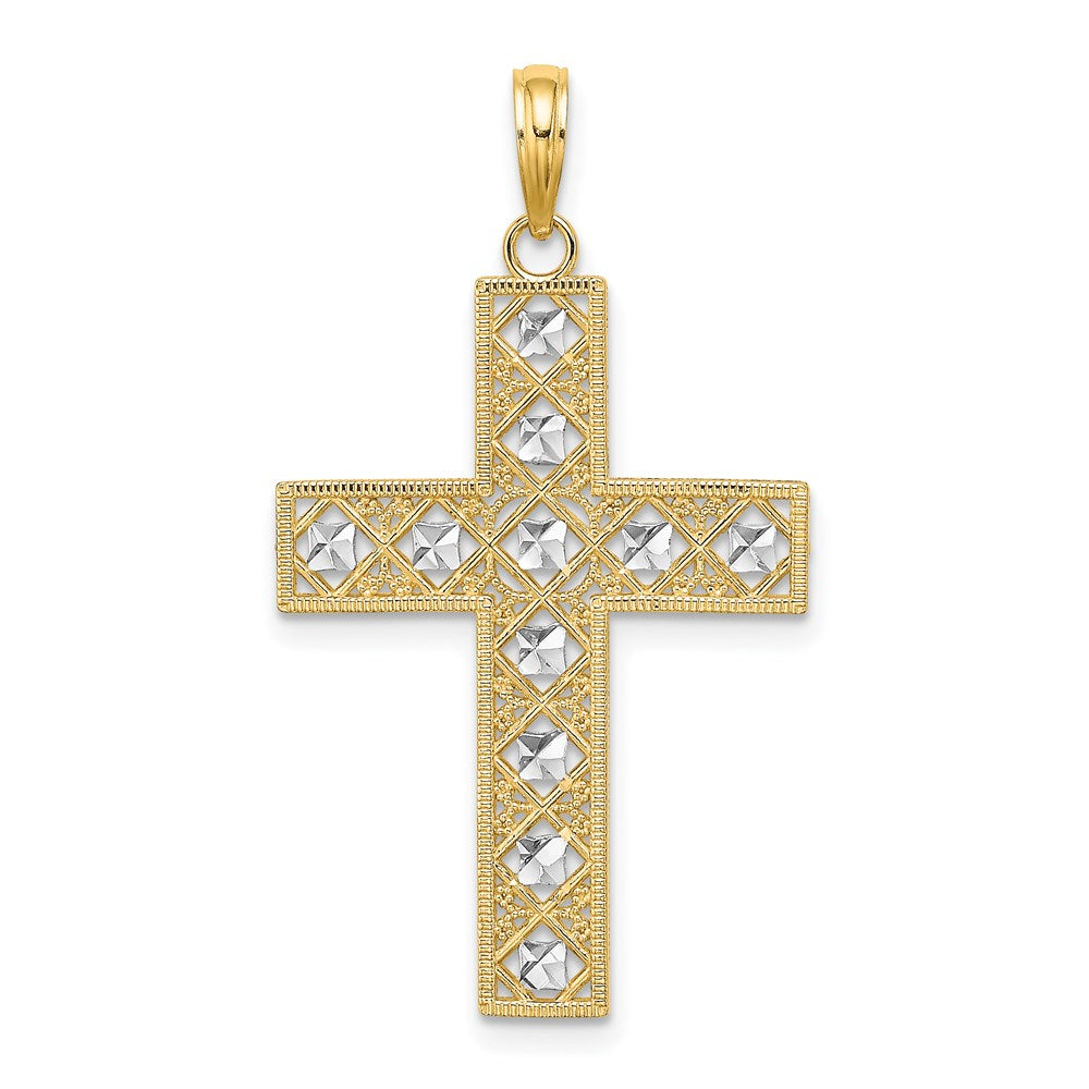 14k Yellow & Rhodium Gold W/ Rhodium D/C and Cut-Out Cross Charm