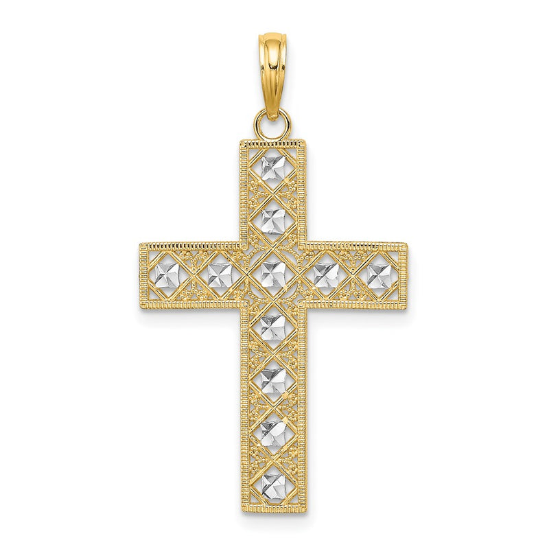 14k Yellow & Rhodium Gold W/ Rhodium D/C and Cut-Out Cross Charm