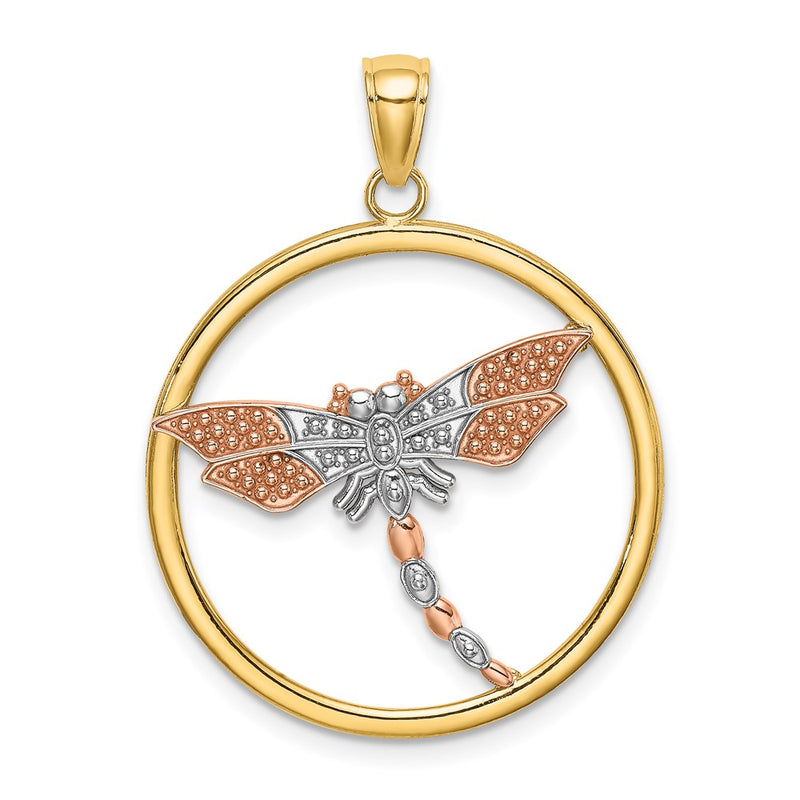 14k Two-tone Gold White Rhodium Textured Dragonfly in Round Frame Charm