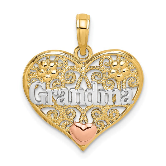 14k Two-tone Gold White Rhodium GRANDMA In Filigree Heart Charm