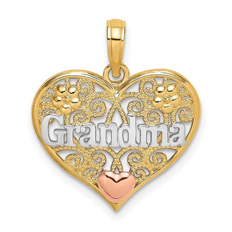 14k Two-tone Gold White Rhodium GRANDMA In Filigree Heart Charm
