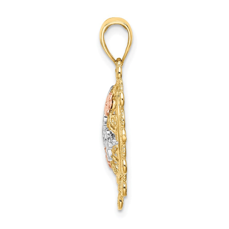 14k Two-tone Gold w/White Rhodium I LOVE YOU Filigree Heart Flower Charm