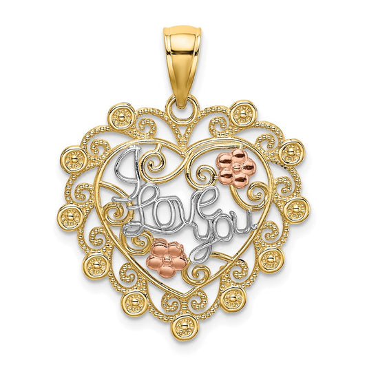 14k Two-tone Gold w/White Rhodium I LOVE YOU Filigree Heart Flower Charm