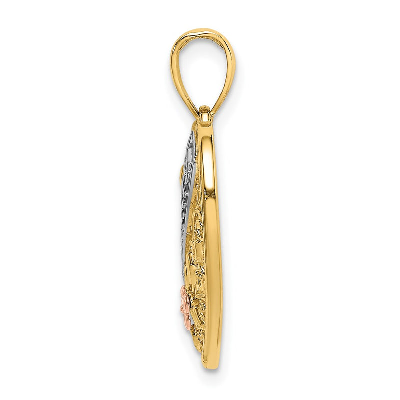 14k Two-tone Gold White Rhodium GRANDMA In Filigree Heart w/ Flowers Charm