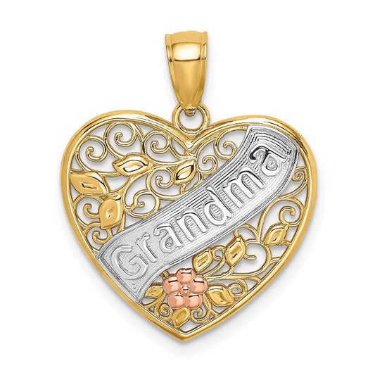 14k Two-tone Gold White Rhodium GRANDMA In Filigree Heart w/ Flowers Charm
