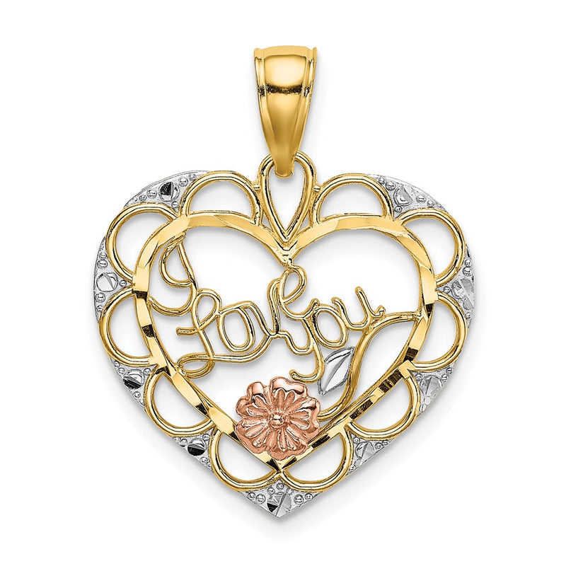 14k Two-tone Gold Two-one w/White Rhodium I LOVE YOU Heart w/ Flower Charm