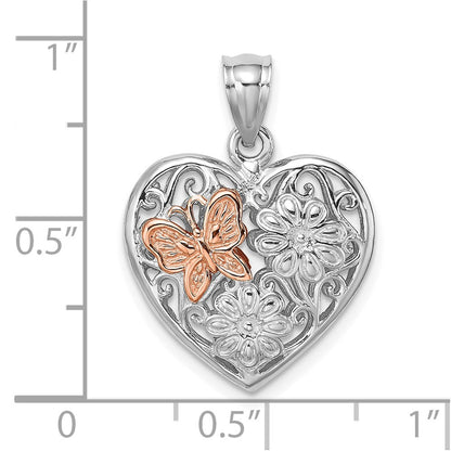14k White/Rose Gold White and Rose Gold 3-D Heart w/ Butterfly Reversible Charm