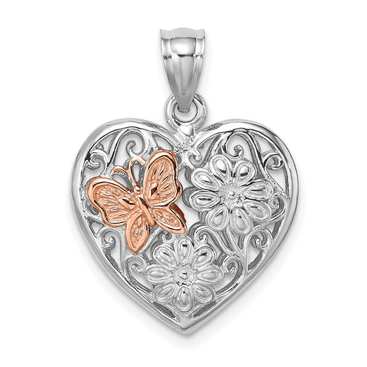 14k White/Rose Gold White and Rose Gold 3-D Heart w/ Butterfly Reversible Charm