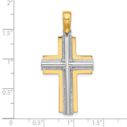 14k Two-tone Gold Ridged Trim Cross Charm