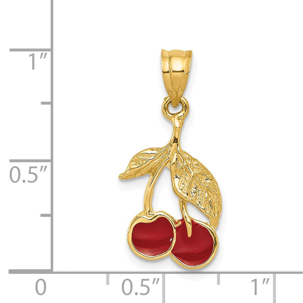14k Yellow Gold Polished Red Enameled Cherries Pendant