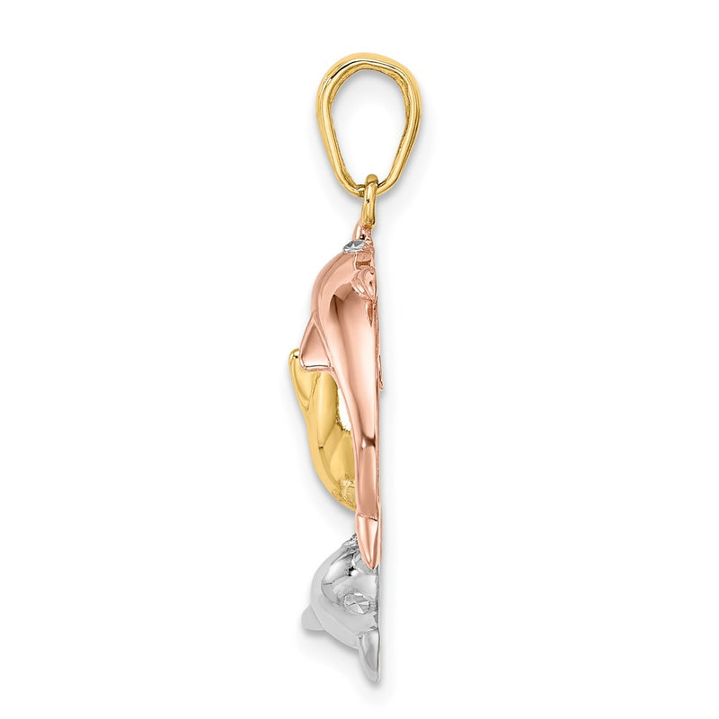 14k Tri-Color Gold Triple Dolphin Circle Pendant