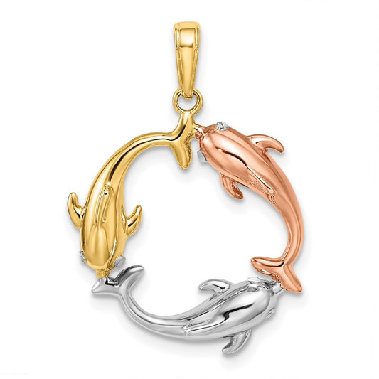 14k Tri-Color Gold Triple Dolphin Circle Pendant