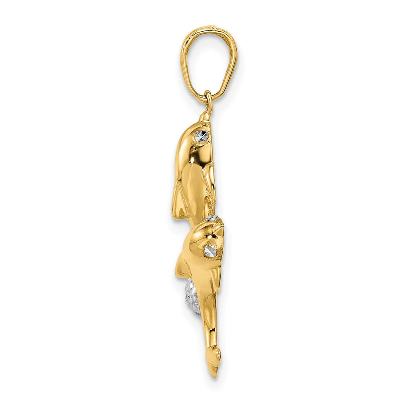 14k Yellow & Rhodium Gold with White Rhodium Double Dolphin Pendant