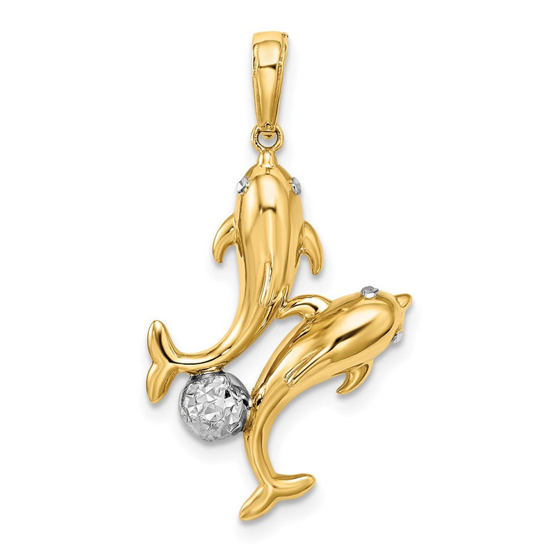 14k Yellow & Rhodium Gold with White Rhodium Double Dolphin Pendant