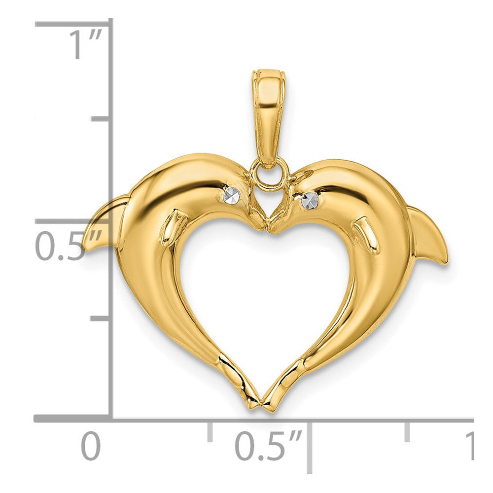 14k Yellow & Rhodium Gold w/Rhodium Double Dolphin Heart Pendant