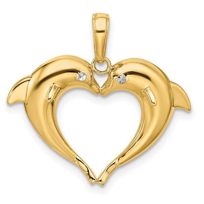 14k Yellow & Rhodium Gold w/Rhodium Double Dolphin Heart Pendant