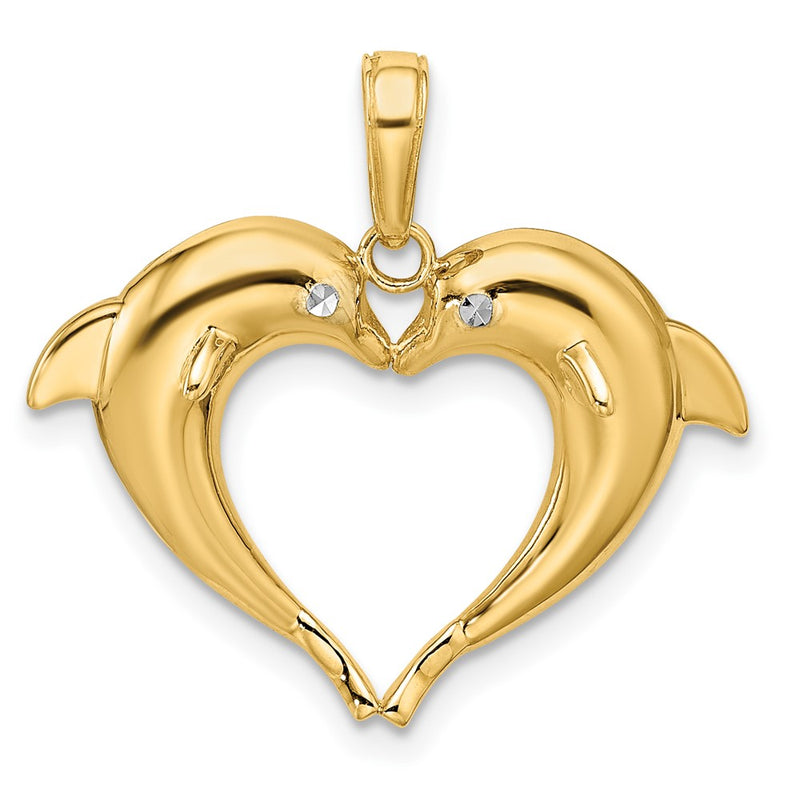 14k Yellow & Rhodium Gold w/Rhodium Double Dolphin Heart Pendant