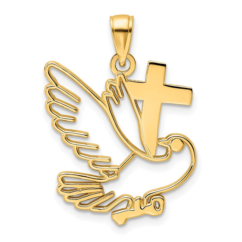 14k Yellow Gold Polished Dove and Cross Pendant