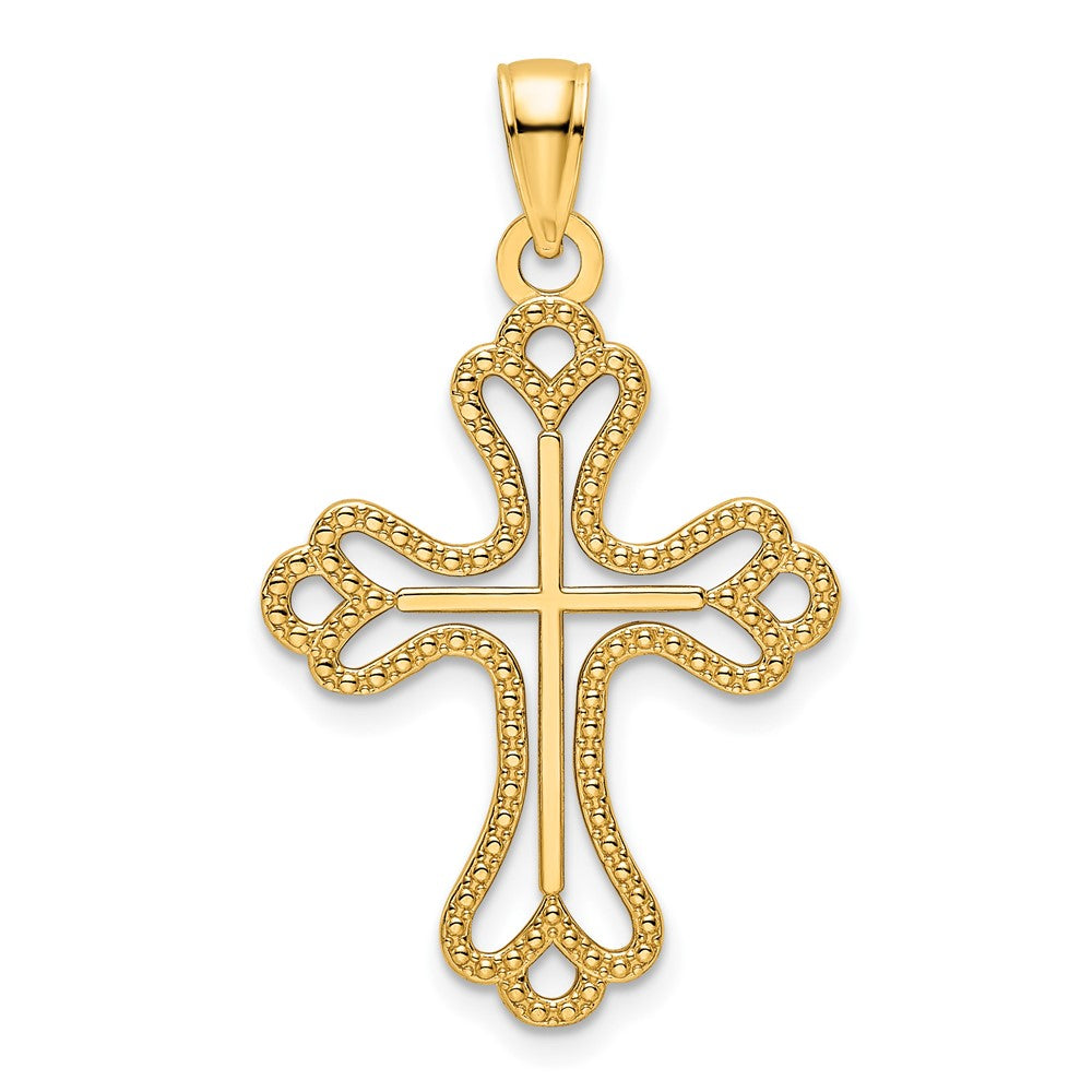 14k Yellow Gold Polished Beaded Cross Pendant