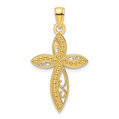 14k Yellow Gold Polished Beaded Cross Pendant