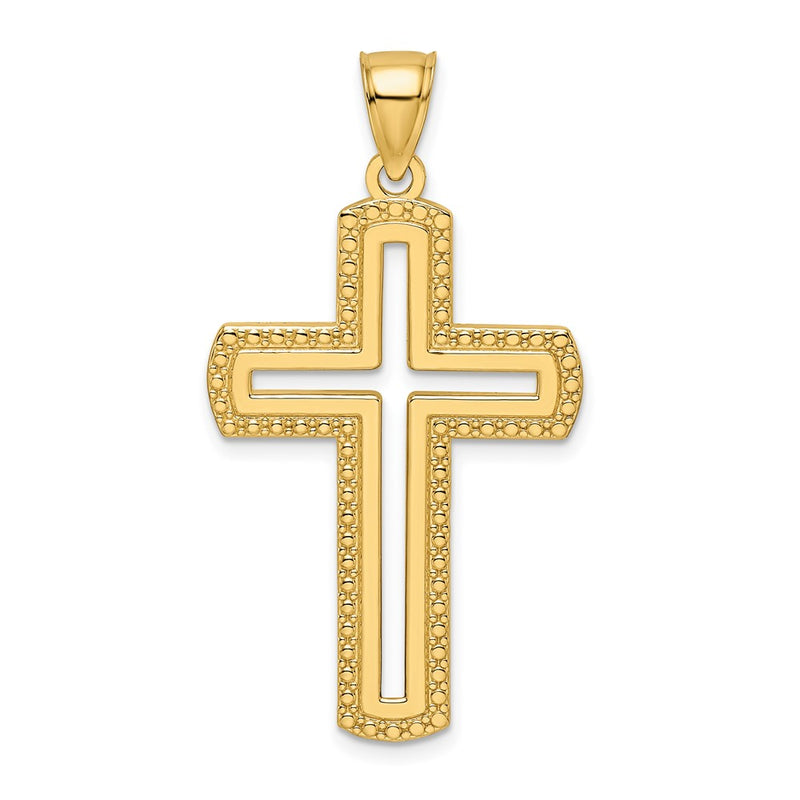 14k Yellow Gold Beaded & Polished Cross Pendant