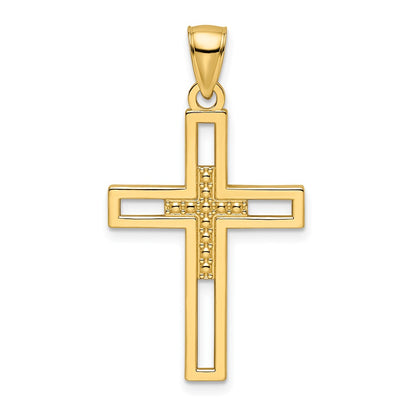 14k Yellow Gold Beaded & Polished Double Cross Pendant