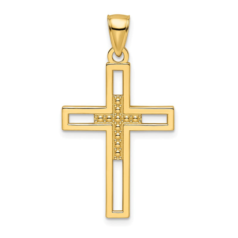 14k Yellow Gold Beaded & Polished Double Cross Pendant