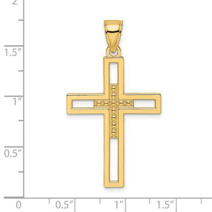 14k Yellow Gold Beaded & Polished Double Cross Pendant