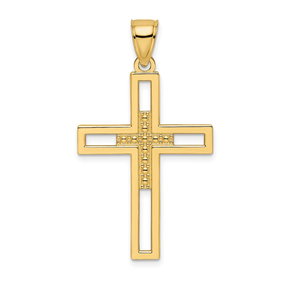 14k Yellow Gold Beaded & Polished Double Cross Pendant