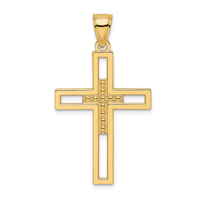 14k Yellow Gold Beaded & Polished Double Cross Pendant