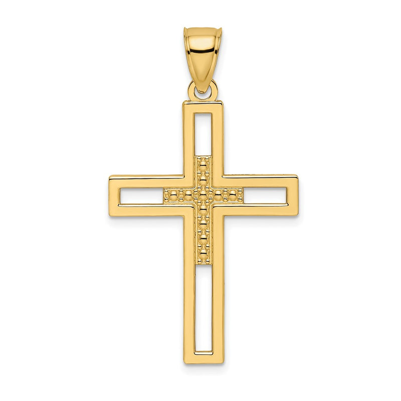 14k Yellow Gold Beaded & Polished Double Cross Pendant