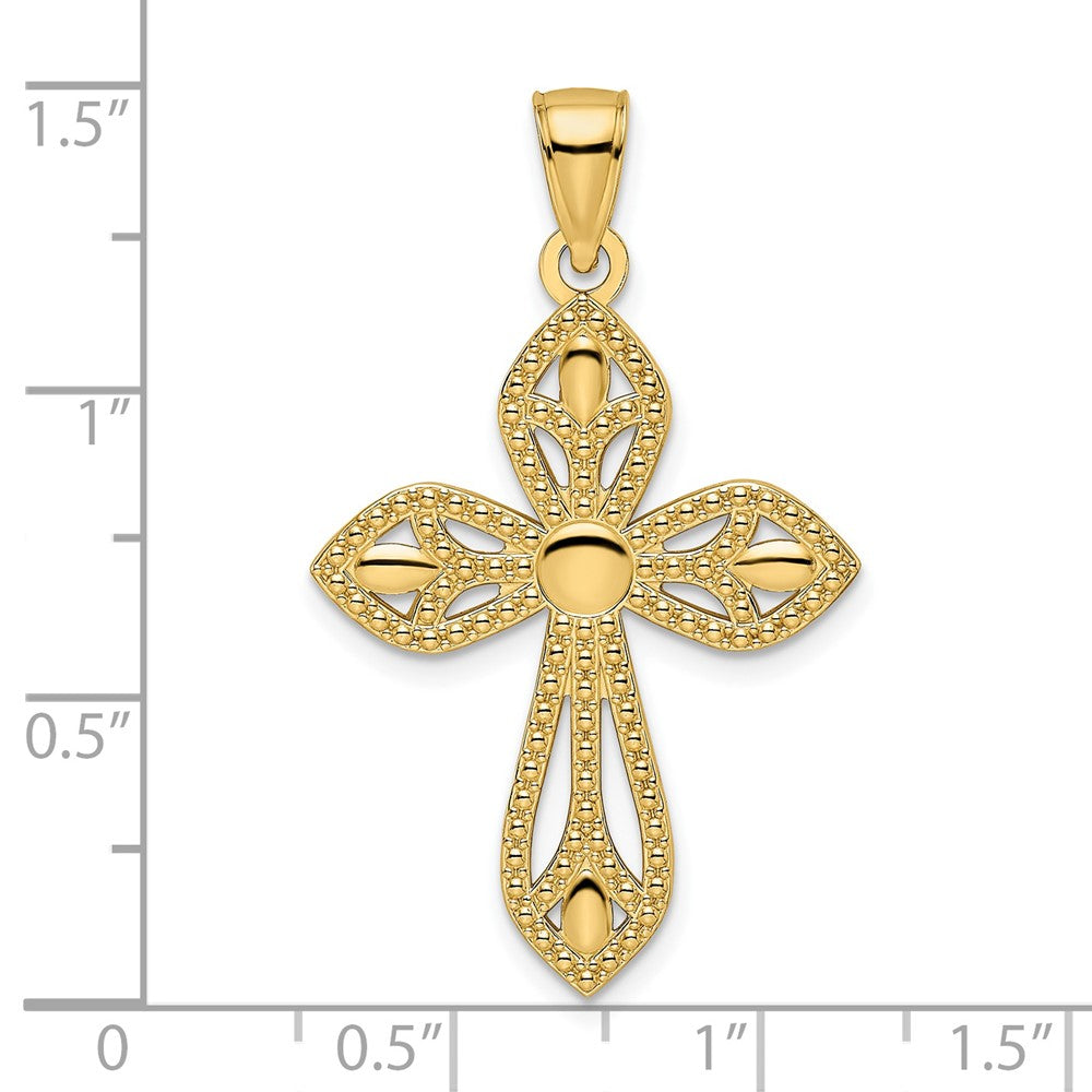 14k Yellow Gold Beaded & Polished Cross Pendant