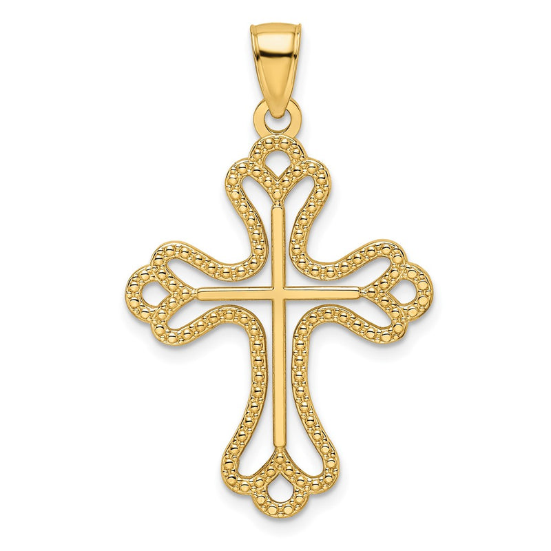 14k Yellow Gold Beaded & Polished Cross Pendant
