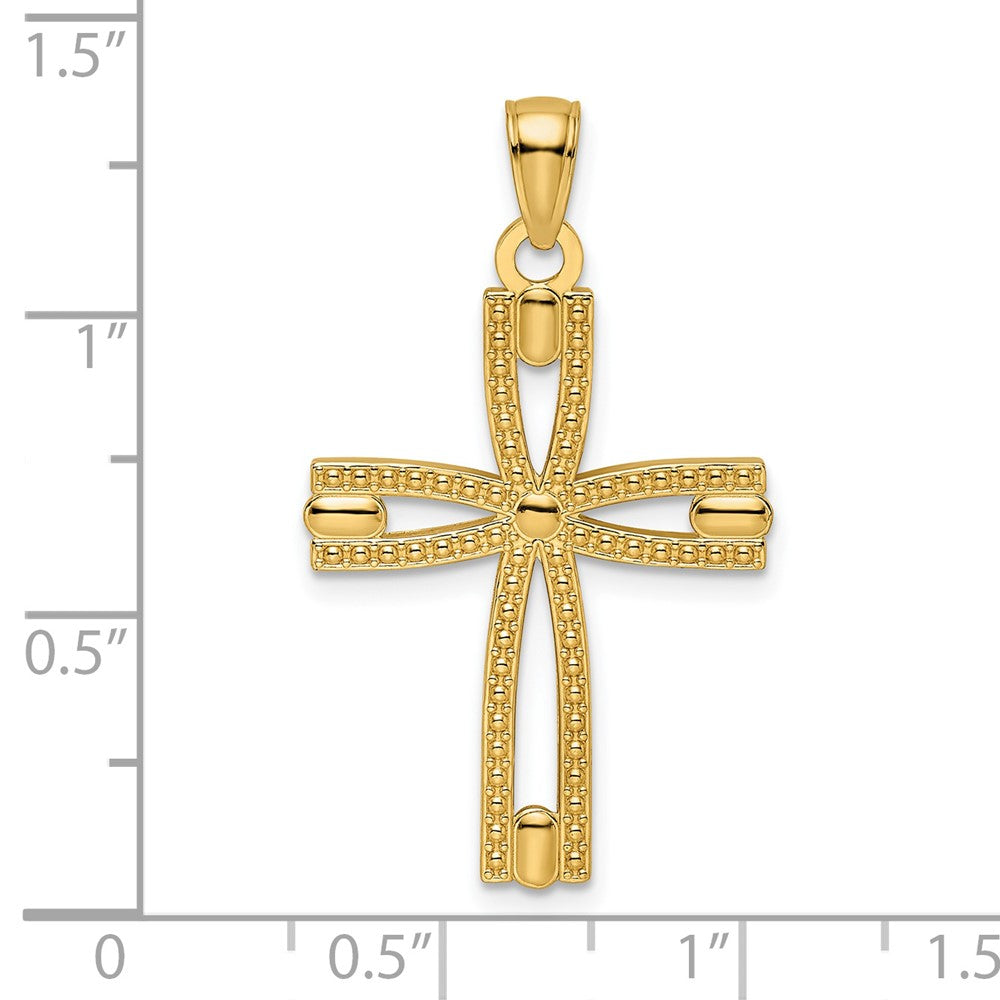 14k Yellow Gold Beaded & Polished Cross Pendant