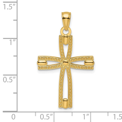 14k Yellow Gold Beaded & Polished Cross Pendant
