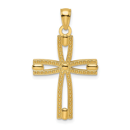 14k Yellow Gold Beaded & Polished Cross Pendant