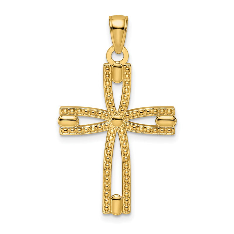 14k Yellow Gold Beaded & Polished Cross Pendant