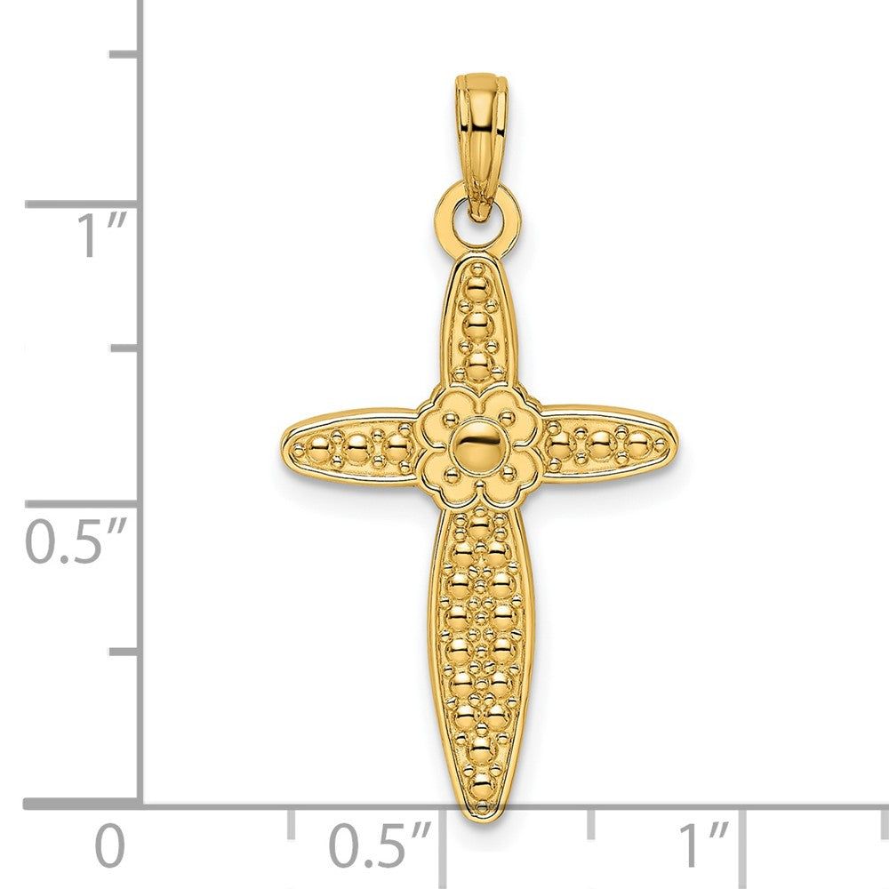 14k Yellow Gold Beaded & Polished Fancy Flower Cross Pendant