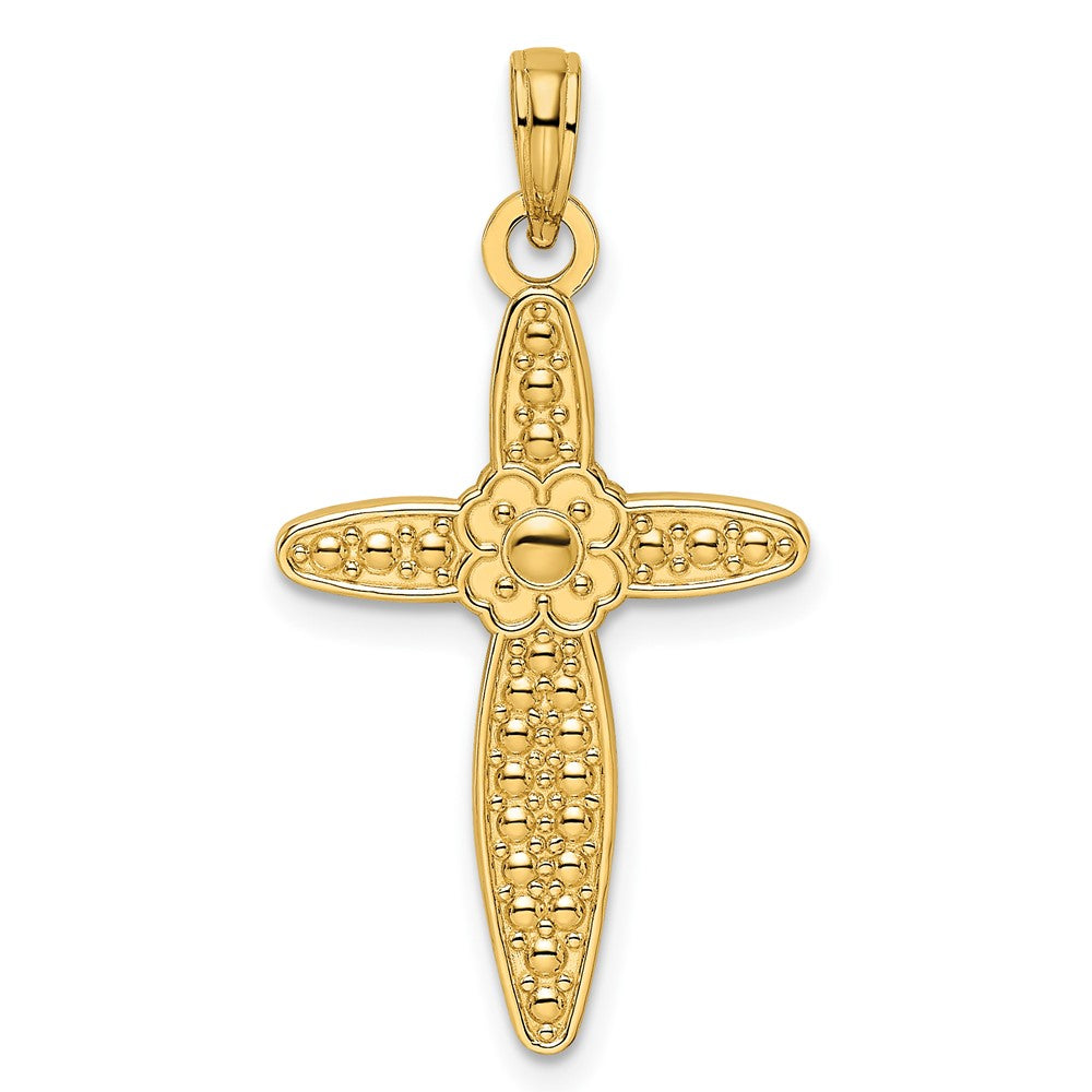 14k Yellow Gold Beaded & Polished Fancy Flower Cross Pendant